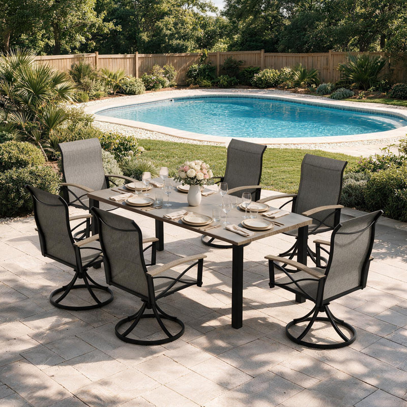Ensemble table et chaises de jardin en teck grainé avec 6 chaises pivotantes à bascule en textilène
