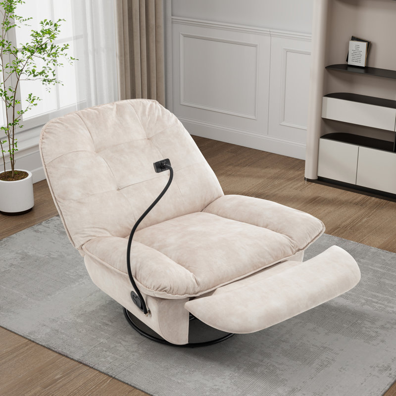 41.28" W Upholstered Swivel Recliner Glider Chair With Phone Holder, Ivory