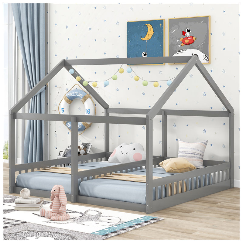 Lit plateforme simple, deux lits partagés, gris