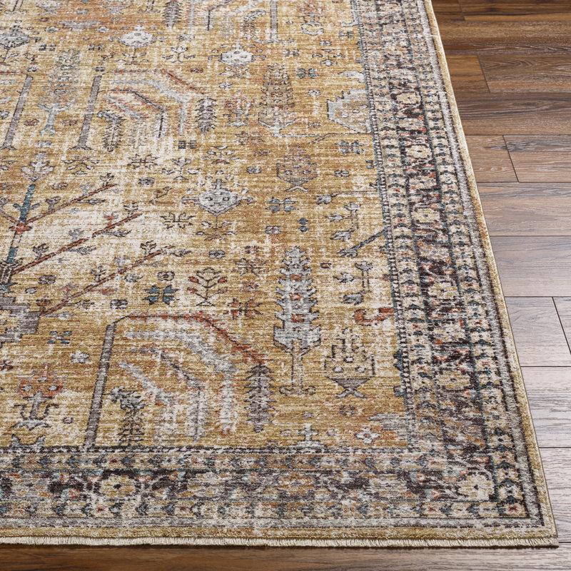 Everly Oriental Machine Made Power Loomed Polyester Area Rug in Gold, Rectangle 8'10" x 12'6"