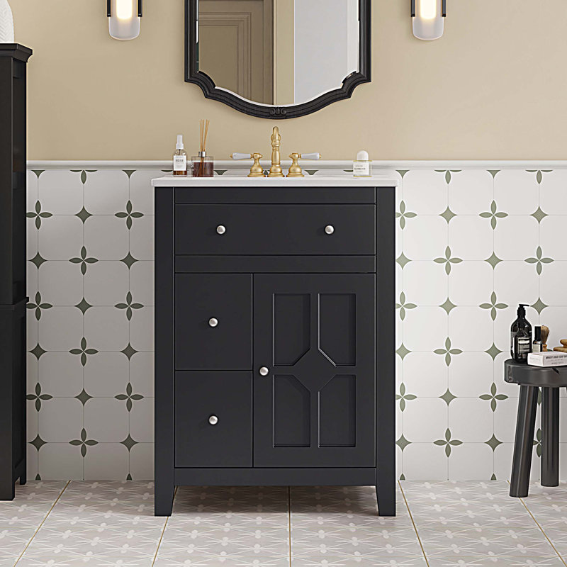 Meuble-lavabo 24 po avec lavabo en céramique 24 po, 2 tiroirs et 1 porte, Noir