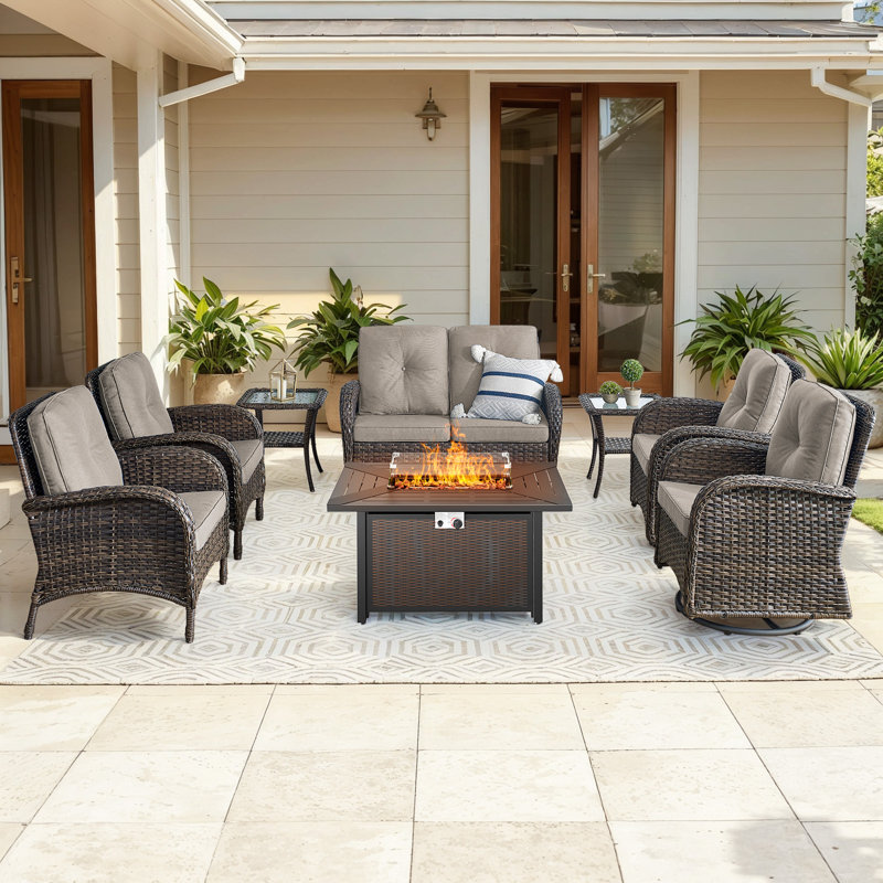 Valierius 7-Piece Patio Set With Glider Loveseat, Swivel Chairs & Fire Pit Table For Backyard, Garden, Beige