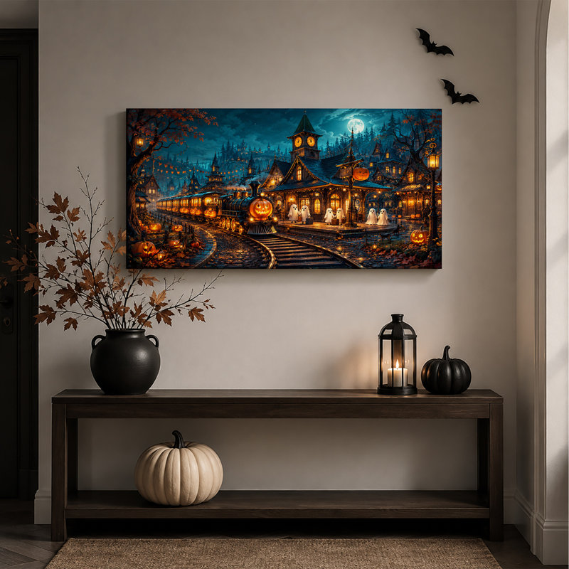 Train à vapeur à tête de citrouille et fantômes pour une décoration murale d'Halloween effrayante sur toile