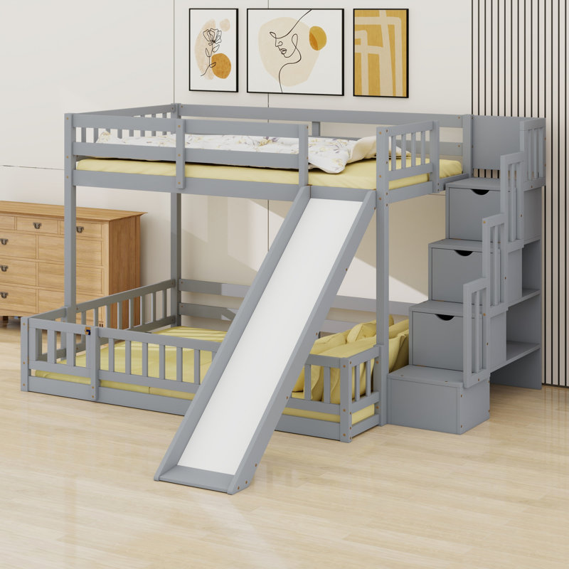 Lit superposé avec glissière et escalier de rangement, garde-corps de sécurité pour enfants