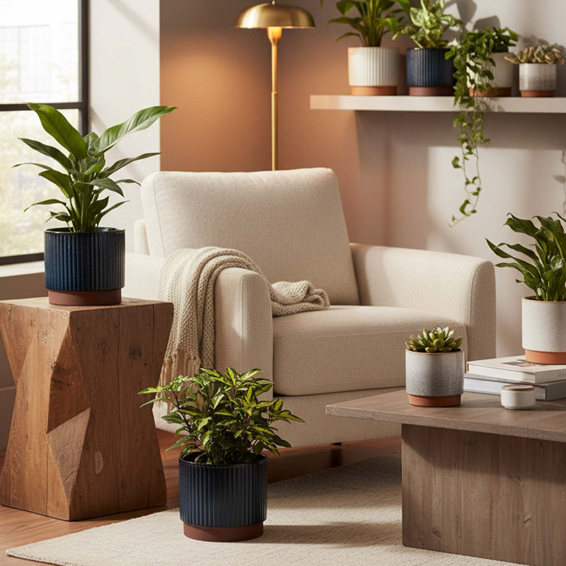 Ceramic Plant Pots With Drainage Holes, Set Of 3, 8/6.7/5.5 Inch, Stripe, Round Planters For Indoor And Outdoor