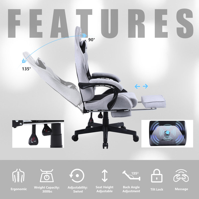 Light Grey Fabric Gaming Chair with Footrest and Massage Support