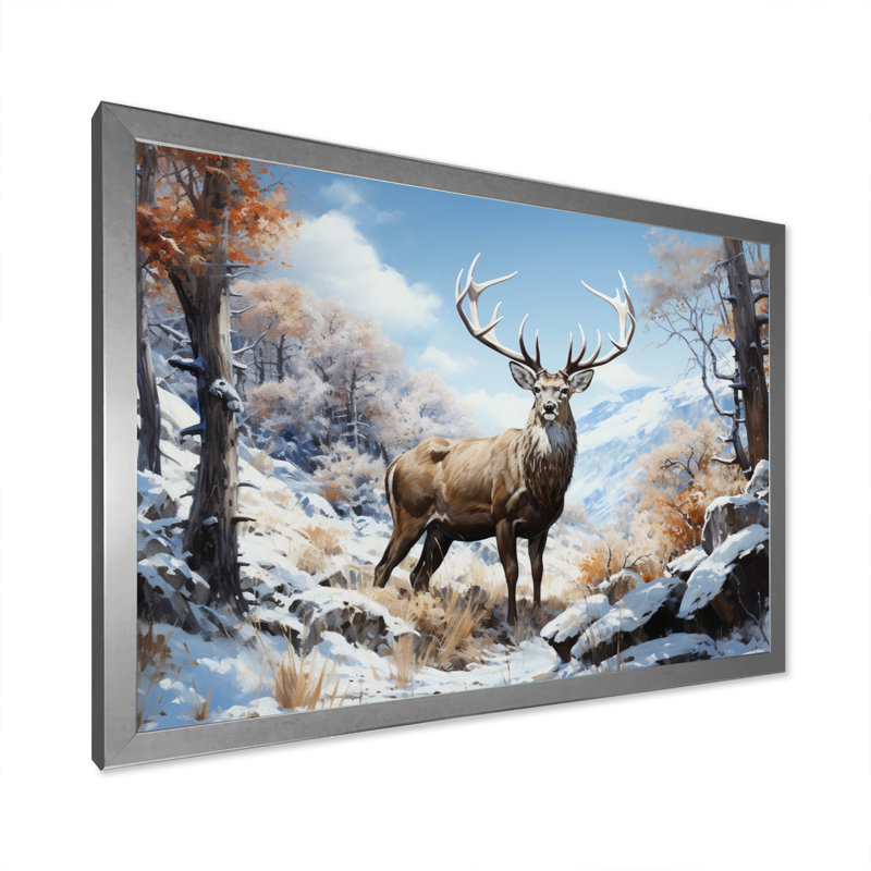 Deer Winters Elegance - Animals Wall Art Living Room, H 24 po x l 32 po x P 1 po, Toile avec cadre photo argenté