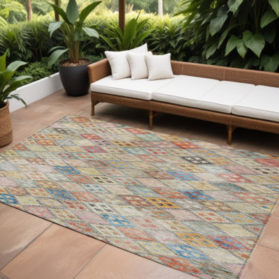 Tapis extérieur lavable géométrique beige et bleu sarcelle 9 pi x 12 pi HomeRoots