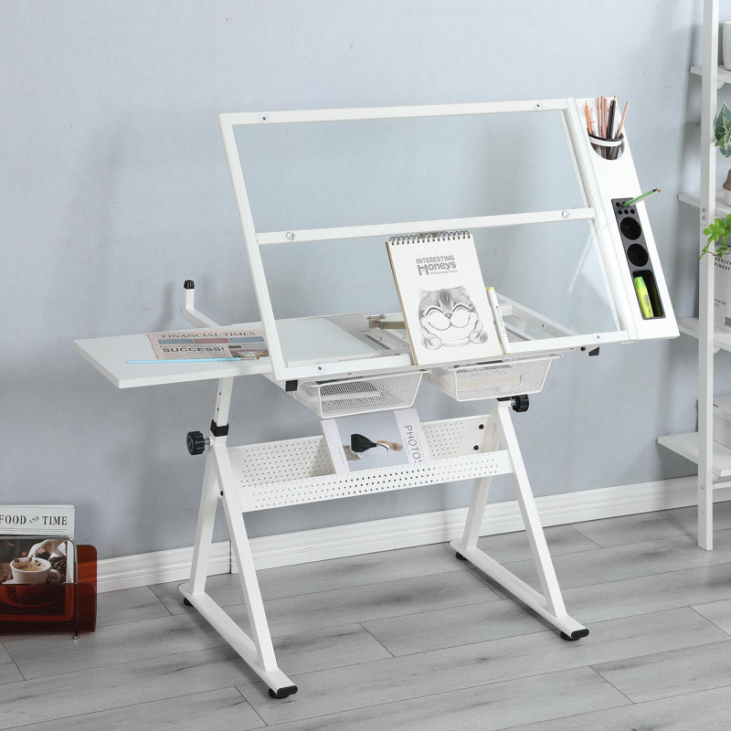 WHITE Adjustable Tempered Glass Drafting Printing Table With Chair, White