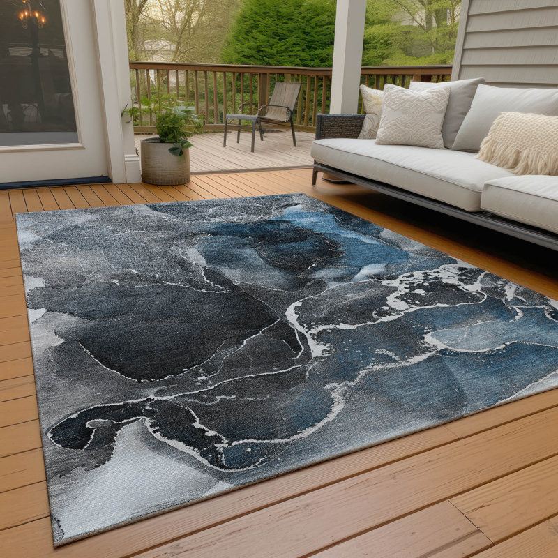 Tapis intérieur / extérieur bleu en polyester tissé à la machine Kyrie, Rectangle 3 pi x 5 pi