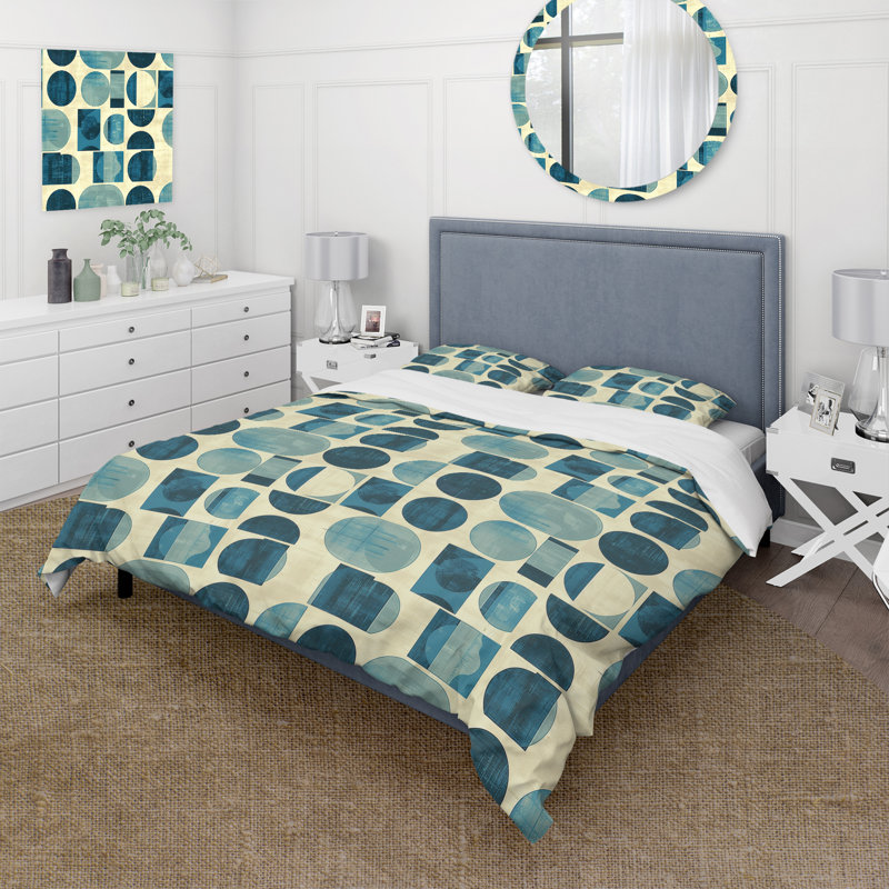 Ensemble de housse de couette ivoire bleu Midcentury Shapes IV - Midcentury
