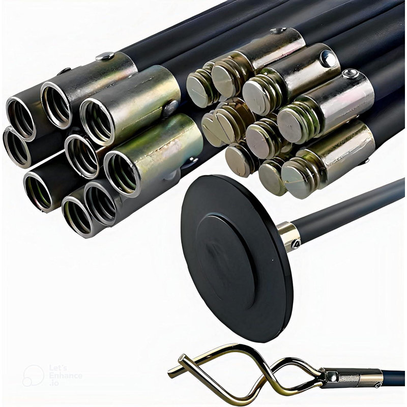 Drain Rods Set 12-Piece Flexible Drain Clearing Kit With 10 X 920Mm Rods 100Mm Rubber Plunger & 70Mm Double Worm Screw