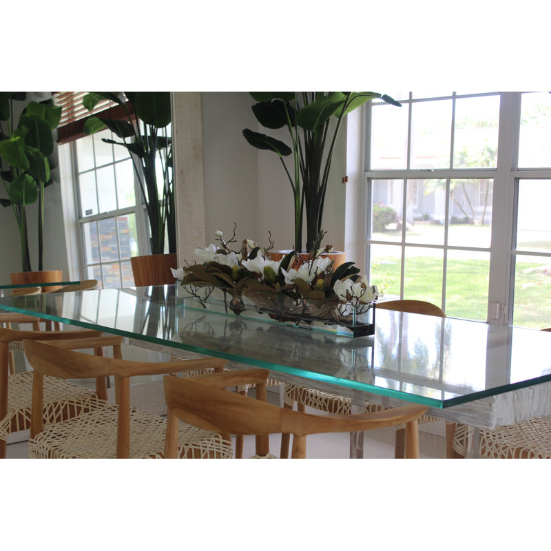Glass Plate Magnolia Floral Arrangement And Centerpiece In Planter, 8" H x 36" W x 4" D, White