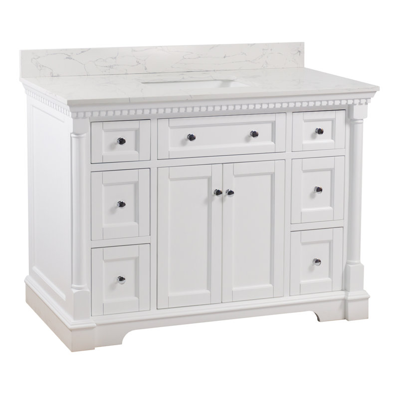Fossen 48" Single Bathroom Vanity with White Cabinet and Engineered Marble Countertop, White, Engineered Marble