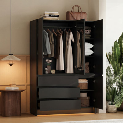 Armoire en bois de 120 cm de large avec 3 tiroirs, étagères de rangement et éclairage DEL à intensité réglable, armoire autoportante avec miroir intérieur et tringle à vêtements pour chambre à coucher