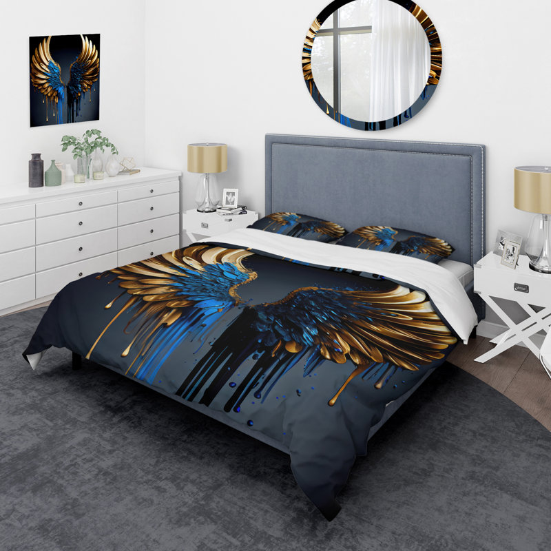 Ensemble de housse de couette bleu et or Angel Wings III - Wings Angel - Microfibre polyester