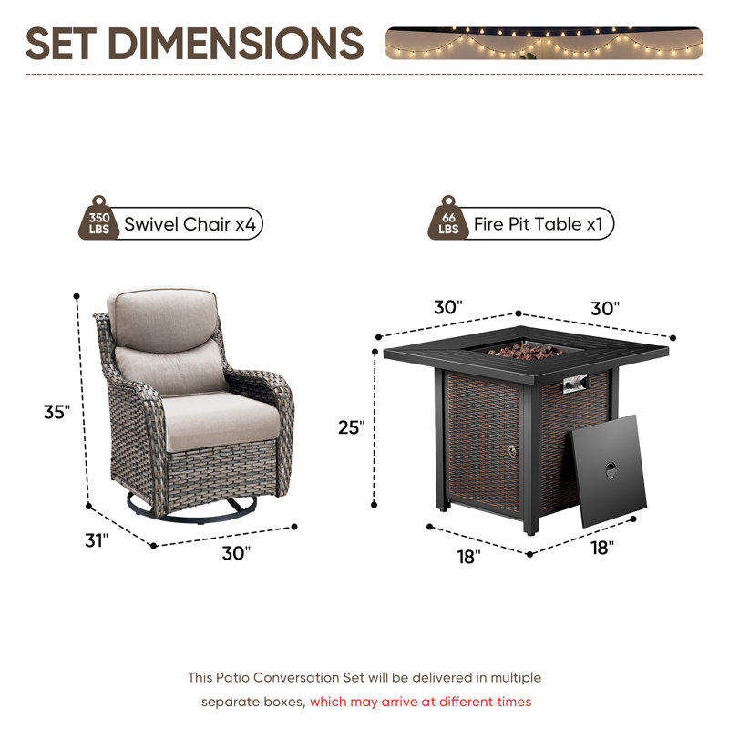 Ensemble de conversation d'extérieur pivotant en osier 4 personnes avec table carrée en métal Simino, Beige, Gris