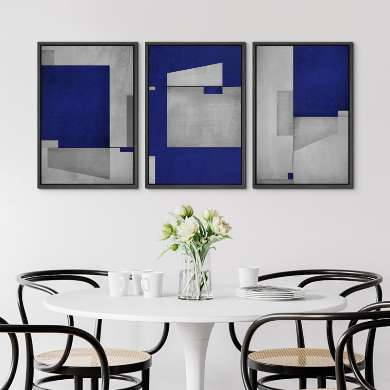 Bleu foncé, gris, géométrique, bloc, abstrait, Mid-Century, formes modernes, illustrations, décor chic, Noir