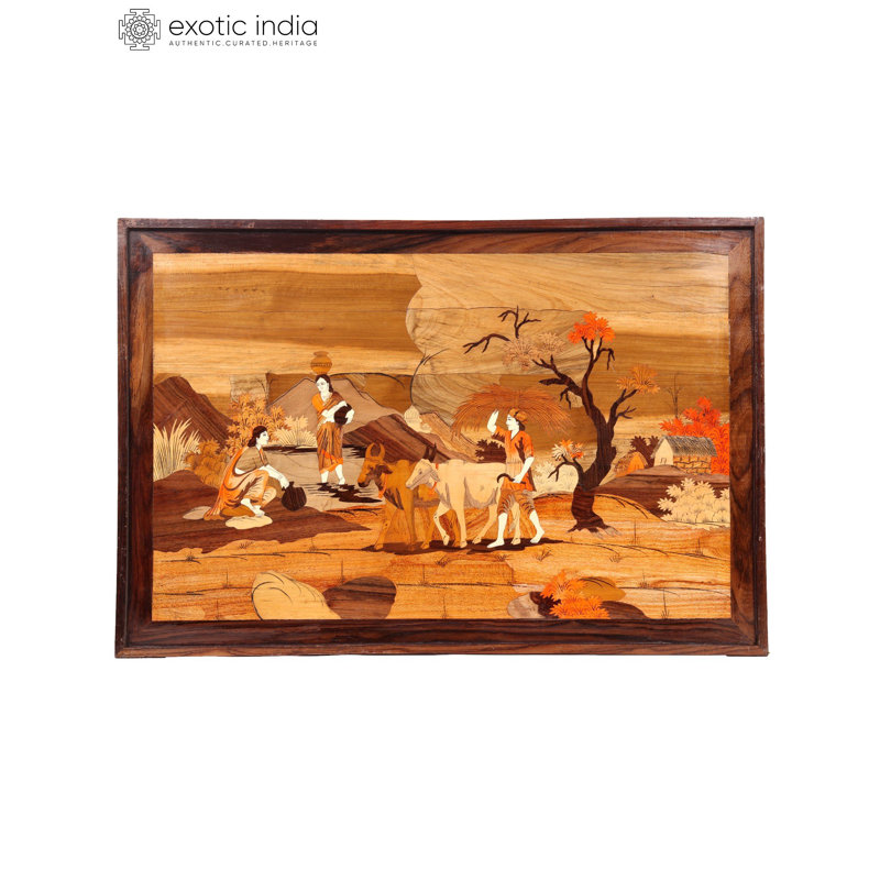 Panneau mural incrusté en bois de rose de 25 po scène de village indien - Art populaire traditionnel fabriqué à la main pour une décoration rustique