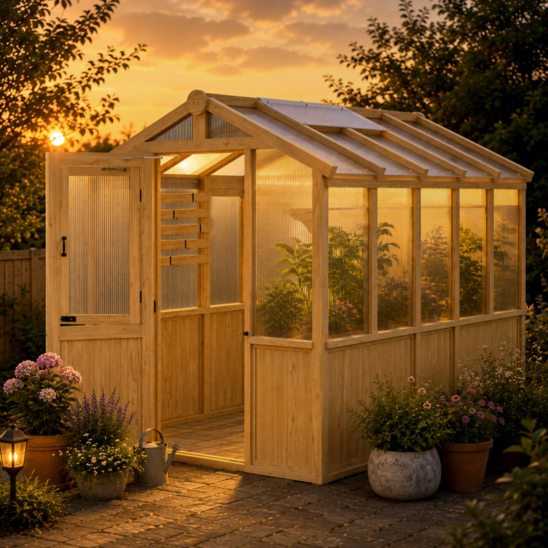 Serre à accès naturel en cèdre naturel, serre d'extérieur 6,7 pi x 9,7 pi x 7,7 pi avec panneaux en polycarbonate, évent de toit, tablette pliable
