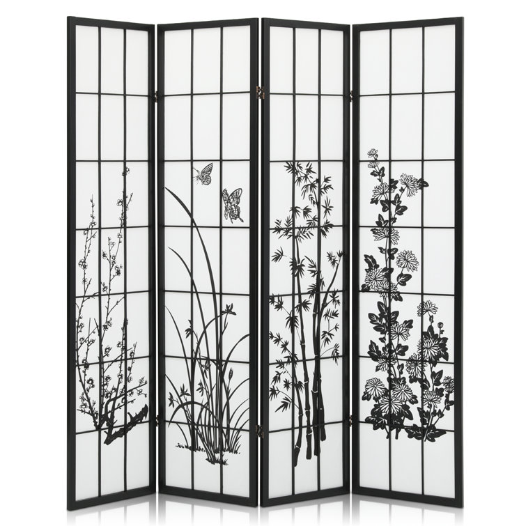 4 Panel Solid Wood Folding Room Divider Floral Printed Privacy Partition Screen