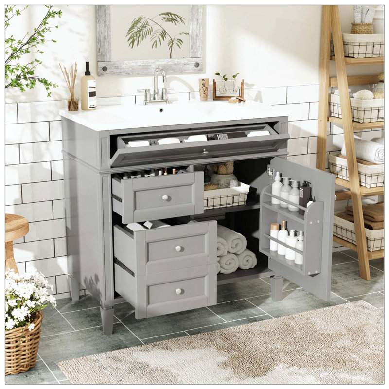 Meuble-lavabo moderne 2 tiroirs avec tiroir coulissant, Gris