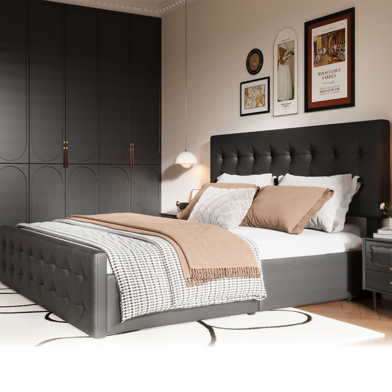 Bed Frame With Headboard And 4 Storage Drawers, Platform Bed Frame Square Stitched Button Tufted, Full, Black