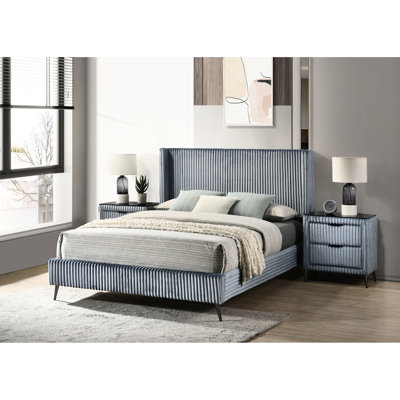 Ensemble de chambre à coucher contemporaine grand lit en velours côtelé bleu avec 2 tables de chevet polyvalentes