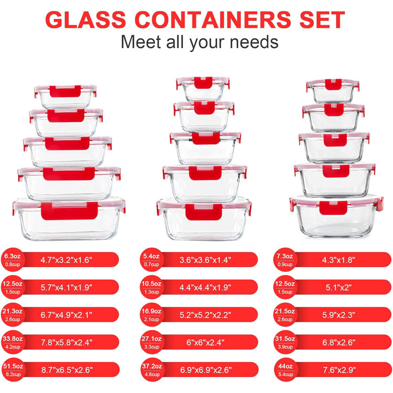 30-Piece Red Glass Meal Prep Container Set with Snap Locking Lids