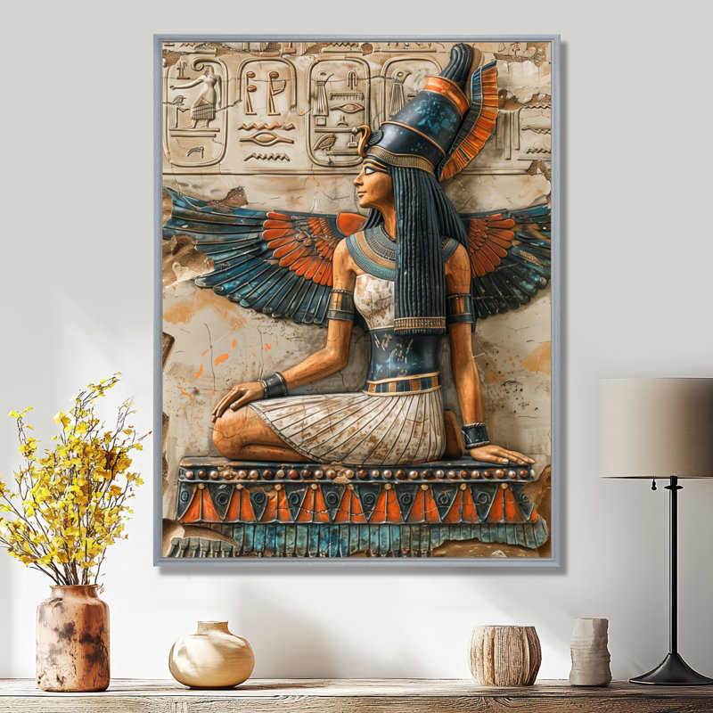 Bleu et beige déesse égyptienne IV - Égypte, salon d'art mural, Toile argentée avec cadre flottant