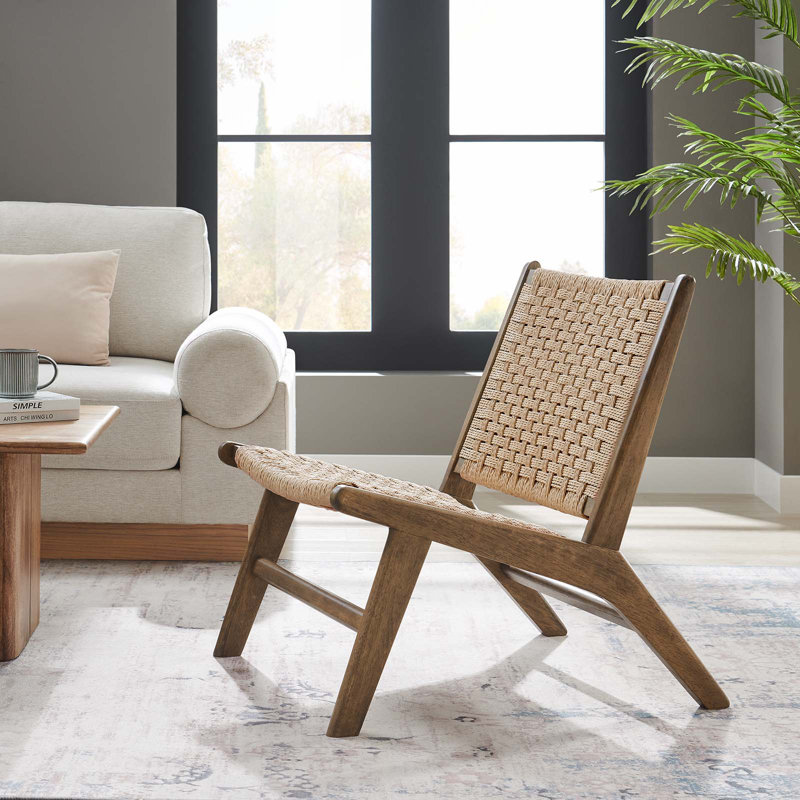 Walnut Brown Woven Faux Leather Wood Accent Chair