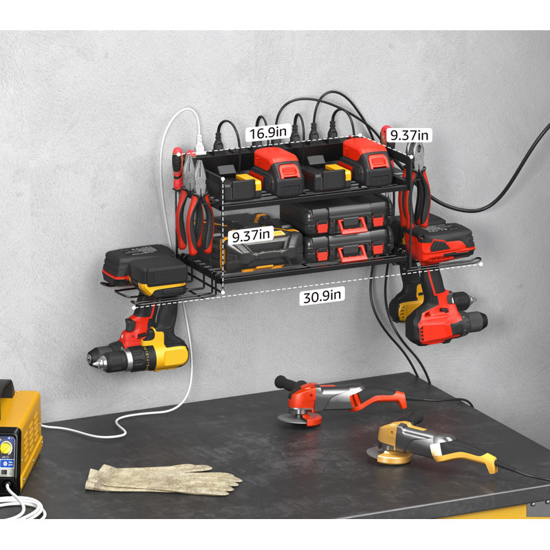 Garage Outils de rangement avec station de charge. Tablette utilitaire pour outils électriques avec multiprise. Support mural pour 4 perceuses, noir.