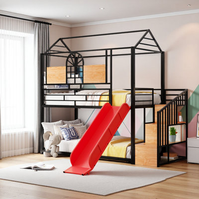 Twin Over Twin Metal Bunk Bed, Metal Housebed With Slide And Storage Stair
