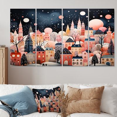 Art déco, village d'hiver, peinture I - ville, art déco, 4 pièces