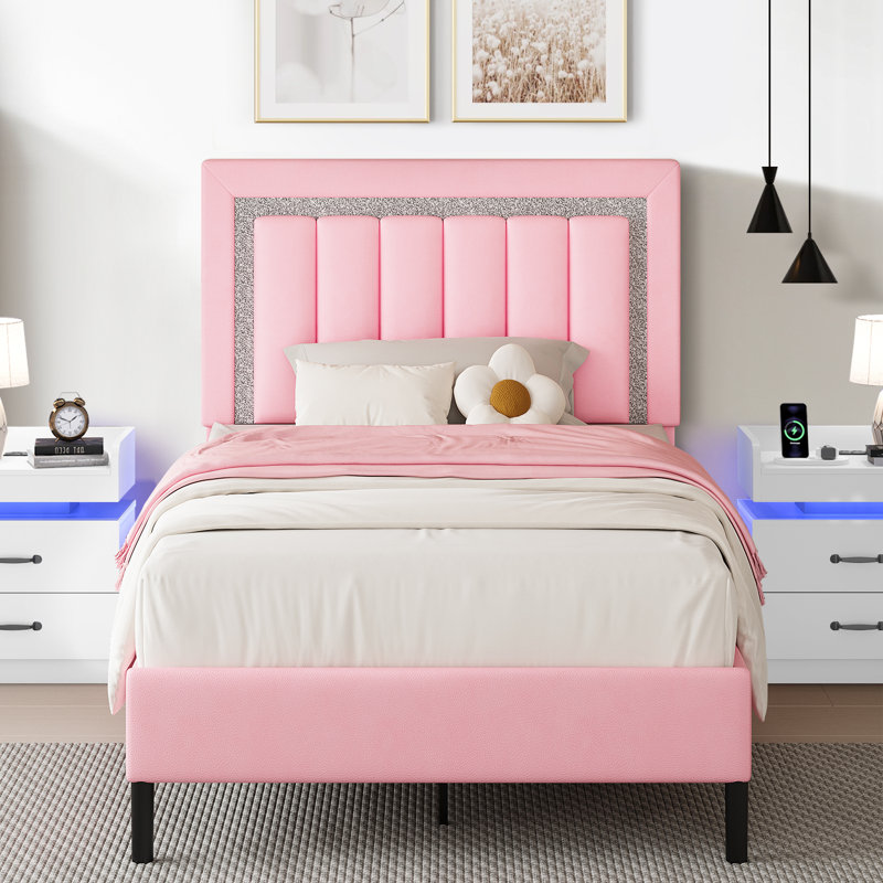 Ensemble de lit plateforme tapissier Diamond, Simple, Rose