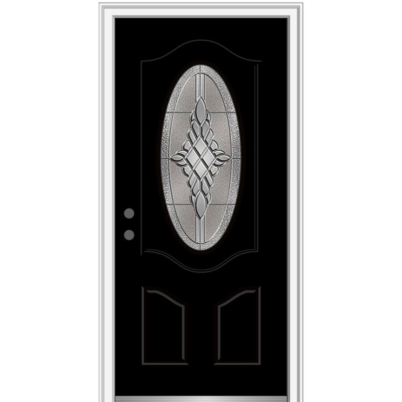 Petite porte d'entrée pré-suspendue ovale en fibre de verre 2 panneaux Grace, S'ouvre à droite vers l'intérieur
