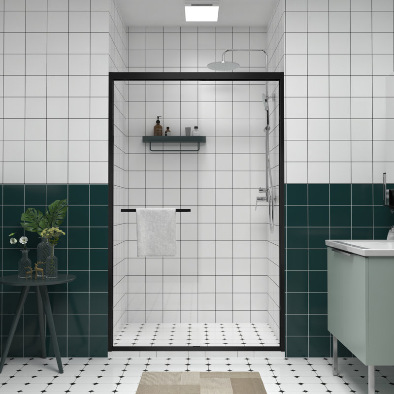 Double porte de douche coulissante avec rebord en verre chanfreiné, poignée en acier inoxydable, étanchéité à l'eau