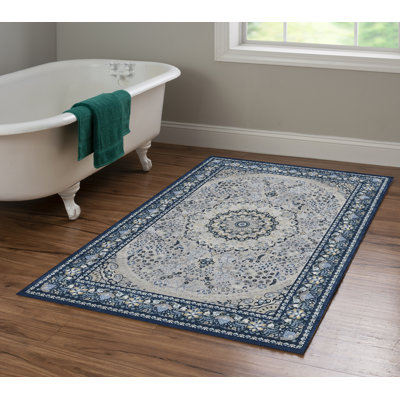 Emanuel Traditional Machine Woven Flatweave Cream and Blue Area Rug with Non Skid Backing