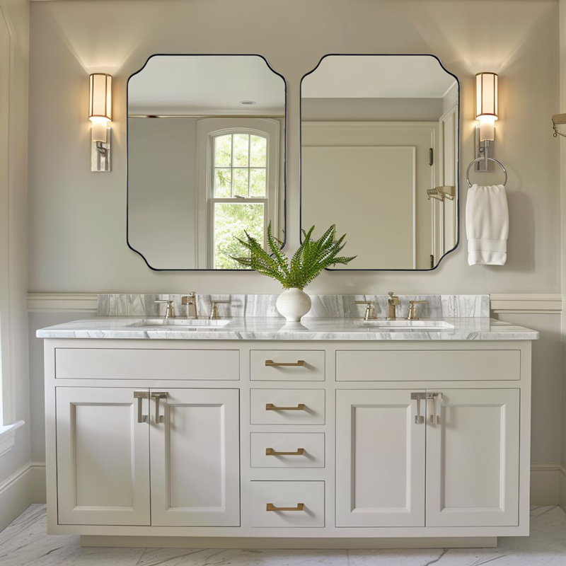 Modern Scalloped Corner Rectangle Bathroom Vanity Mirror | Stainless Steel Frame, 32" x 24", Brushed Nickel