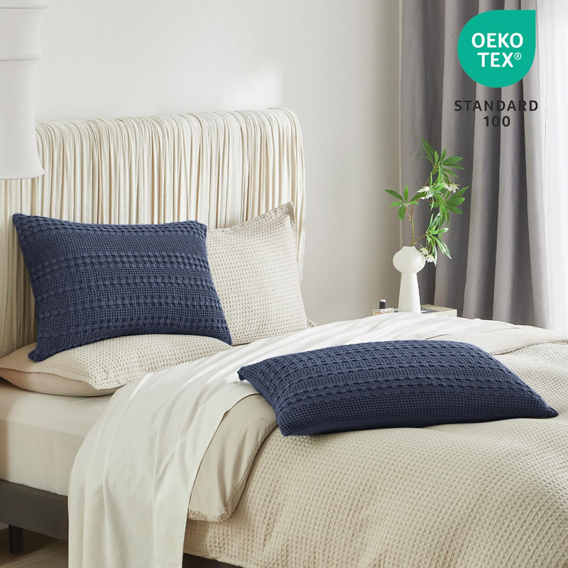 PHF 100% Cotton Ruffle Waffle Pillow Shams, 2 Pack Soft Skin-Friendly Bed Pillow Covers for Aesthetic Home Decor, 20x36"