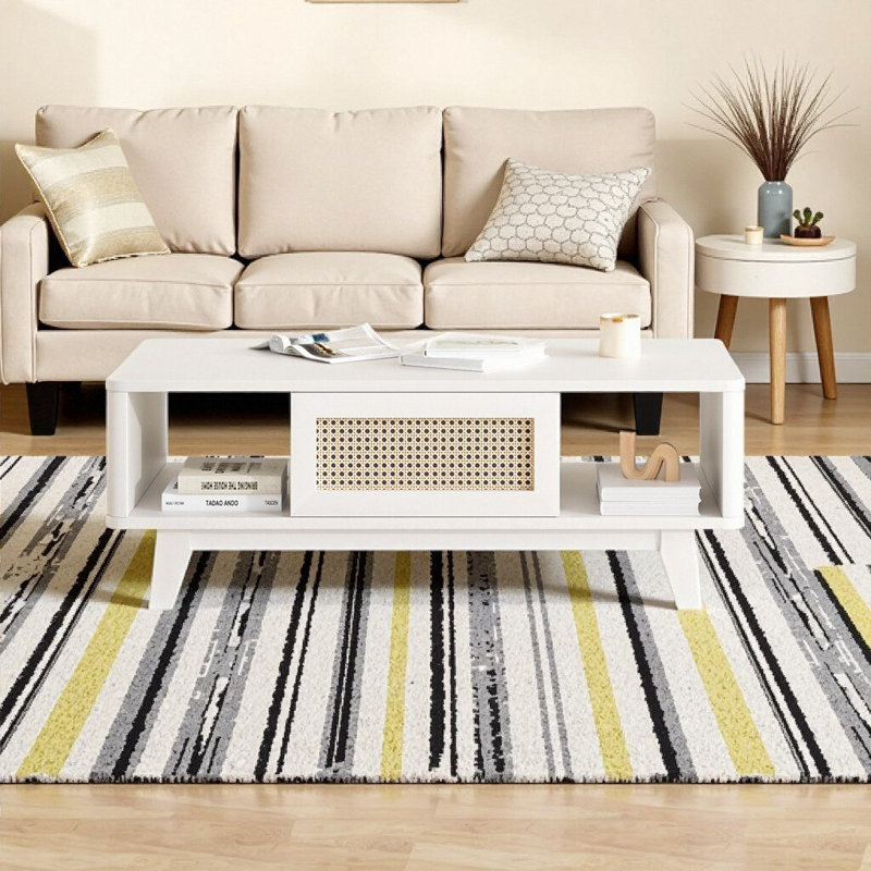 Table basse élégante avec rangement | Style campagnard Mid-Century avec accents de bois, Blanc