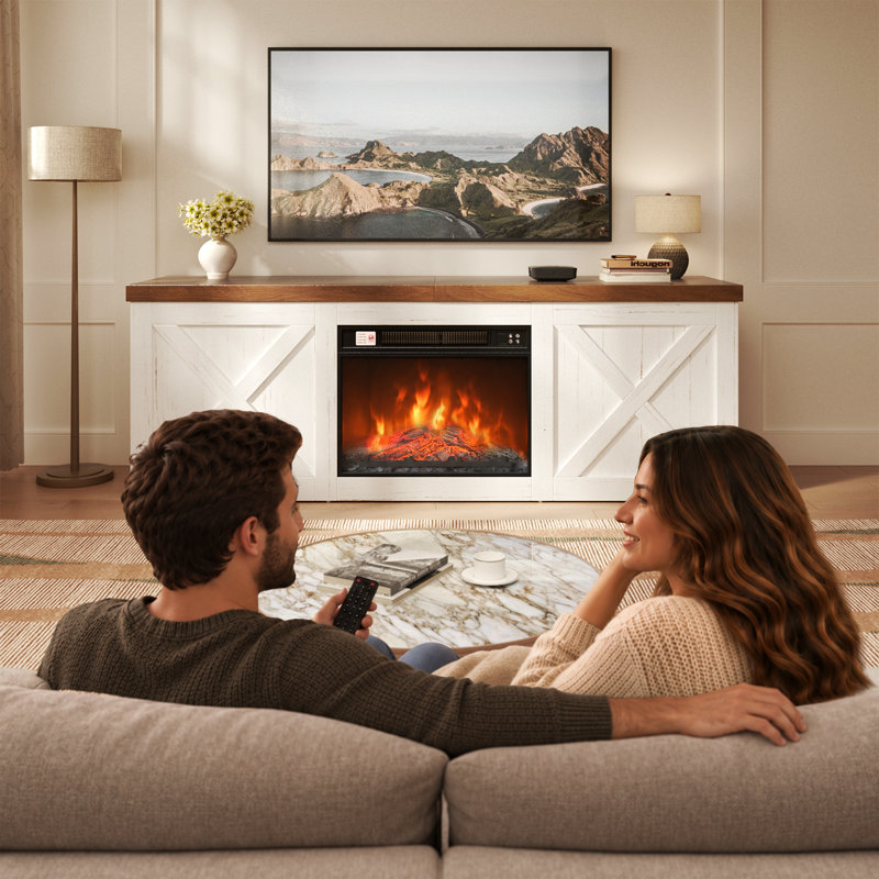 Meuble télé moderne avec foyer électrique inclus, Téléviseur jusqu'à 65 po (blanc)