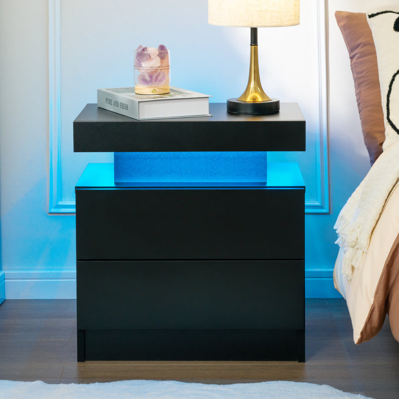 LED Bedside Table with 2 Drawers, Bedside Table with LED Lights for Bedroom, Black