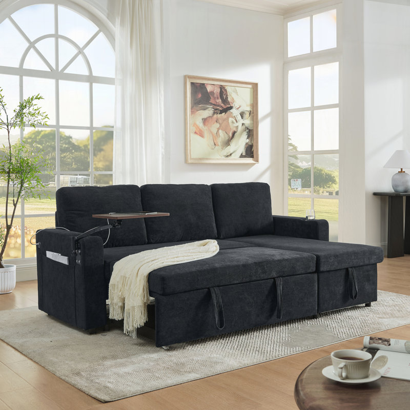 Canapé-lit moderne en chenille multifonctionnel avec table rétractable et éclairage DEL, Chenille noire