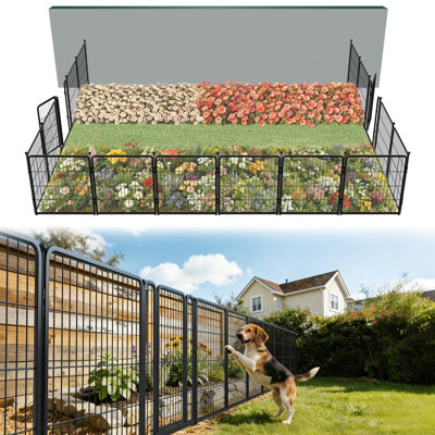 Clôture de jardin d'extérieur pour la cour de change - H 32 po x L 36,4 pi (L) barrière en métal robuste pour chien, clôture pour chien sans creusage, 16 panneaux, noir
