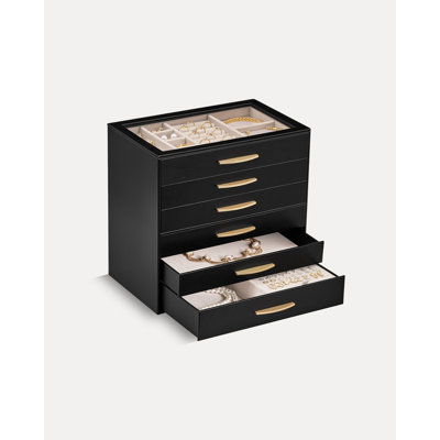 Jewelry Box Organizer Case with Glass Lid for Women, Gift for Women -6Layer, Black