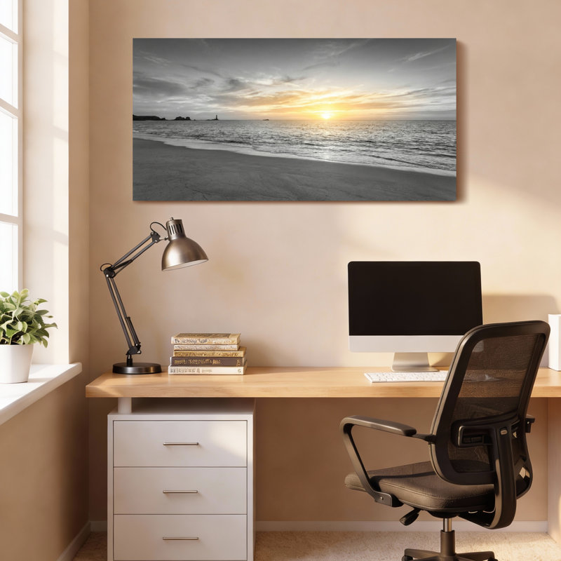 Ensemble de 1 tableau sur toile représentant un paysage de plage au coucher du soleil, H 16 po x l 32 po