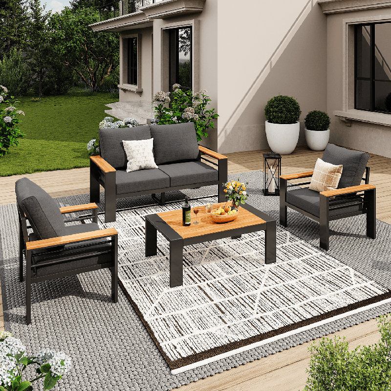 Aluminum Patio Conversation Set with Removable Cushions,  Black