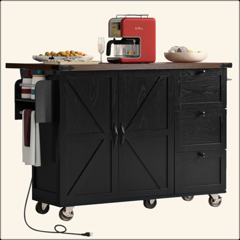 54.5" Farmhouse Kitchen Island With Power Outlet, Kitchen Storage Island  With Internal Storage Rack, Drop Leaf, Spice Rack, Rolling Kitchen Cart On Wheels, For Home, Kitchen And Dining Room,Black