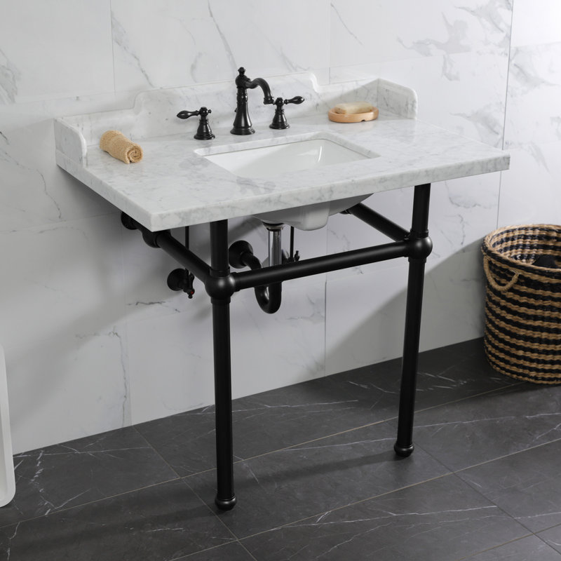 Kingston Brass Pemberton 36-Inch Carrara Marble Console Sink with Brass Legs (8-Inch, 3-Hole), White/ Black